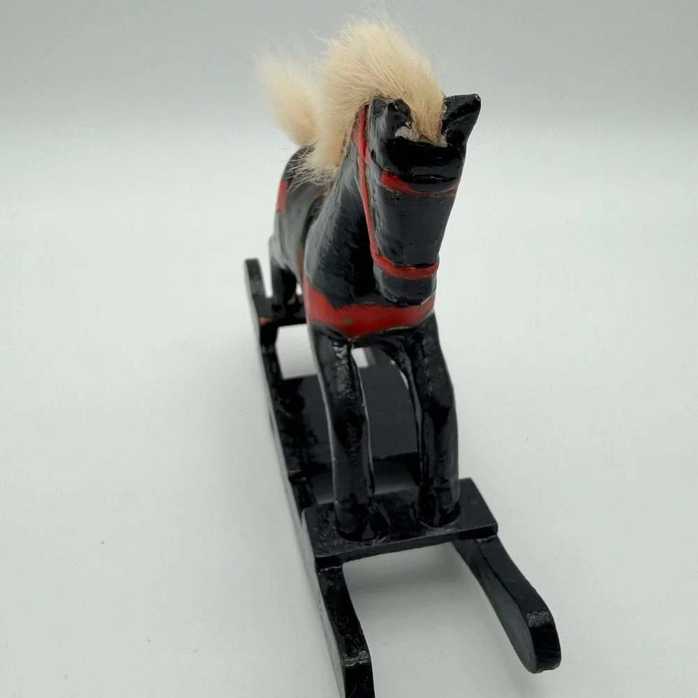 Vintage Hand-Carved Wooden Rocking Horse Figurine with Real Hair Mane and Tail